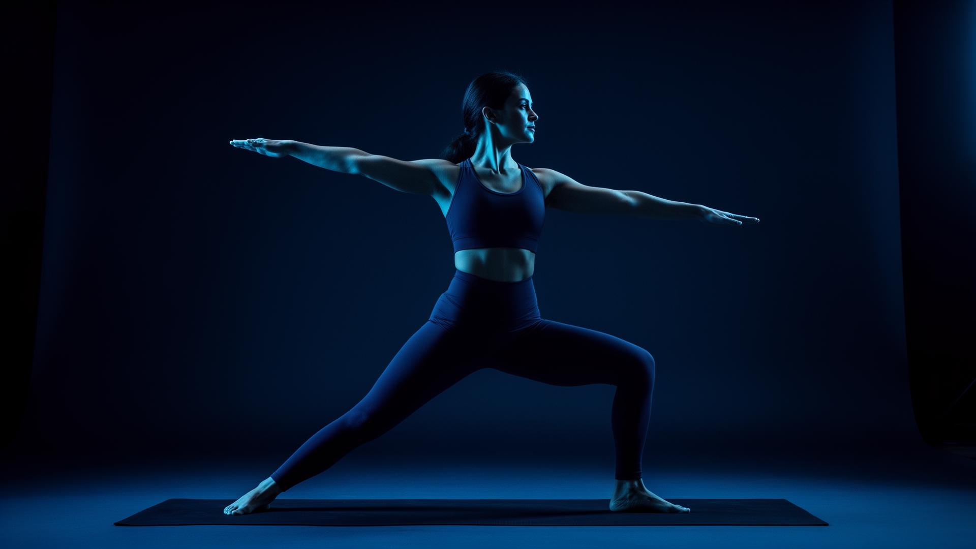 Athlete in a wide warrior yoga pose under deep blue light